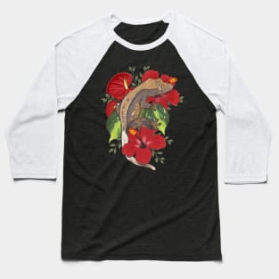 Crested Gecko with Hibiscus and Anthurium Baseball T-Shirt